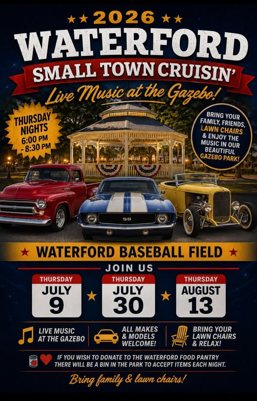 Waterford Small Town Cruisin' event at Waterford Baseball Field in Waterford, PA on July 9, 2026