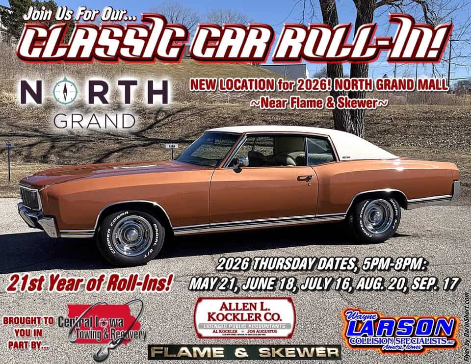 Wayne Larson Classic Car Roll-In event at North Grand Mall in Ames, IA on June 18, 2026