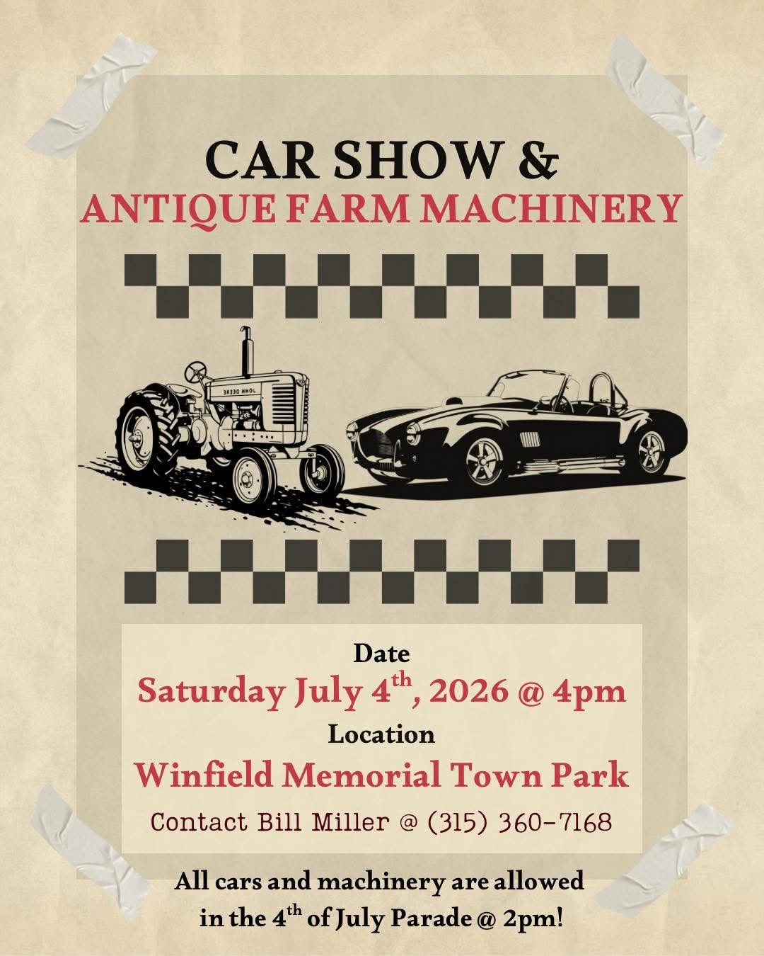 Winfield Memorial Town Park Car Show & Antique Farm Machinery event at Winfield Memorial Town Park in Winfield, NY on July 4, 2026