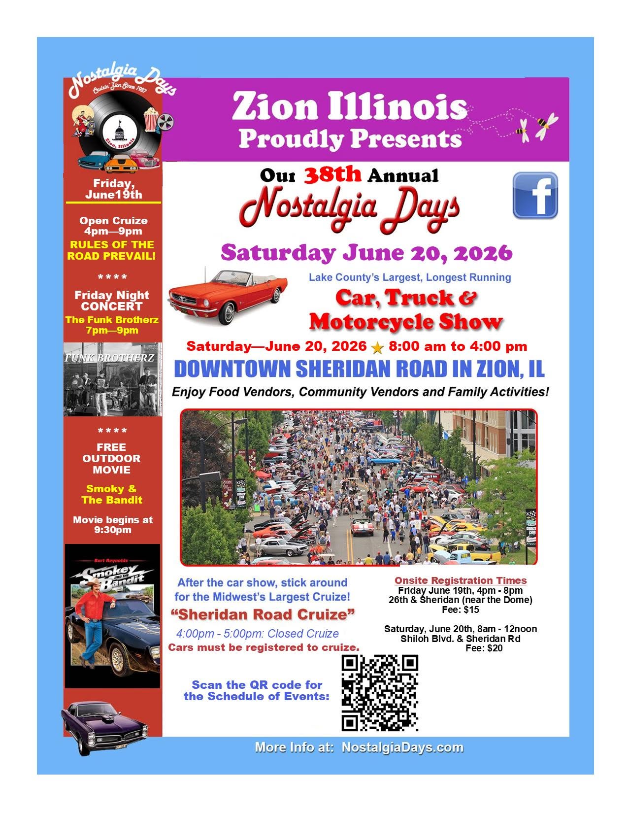 Zion Illinois Proudly Presents Our 38th Annual Nostalgia Days Car, Truck & Motorcycle Show event at Downtown Sheridan Road in Zion, IL in Zion, IL on June 20, 2026