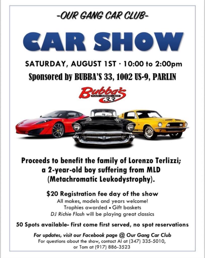 Our Gang Car Club Car Show event at Bubba's 33 in Parlin, NJ on August 1, 2026