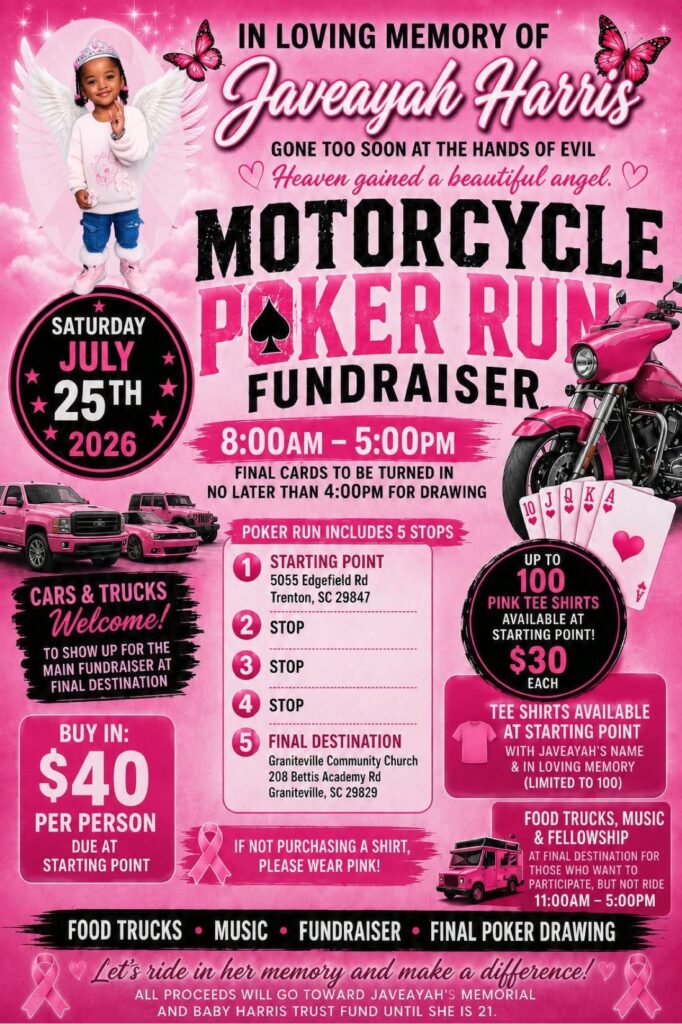 Javeayah Harris Memorial Motorcycle Poker Run Fundraiser event at Graniteville Community Church in Graniteville, SC on July 25, 2026