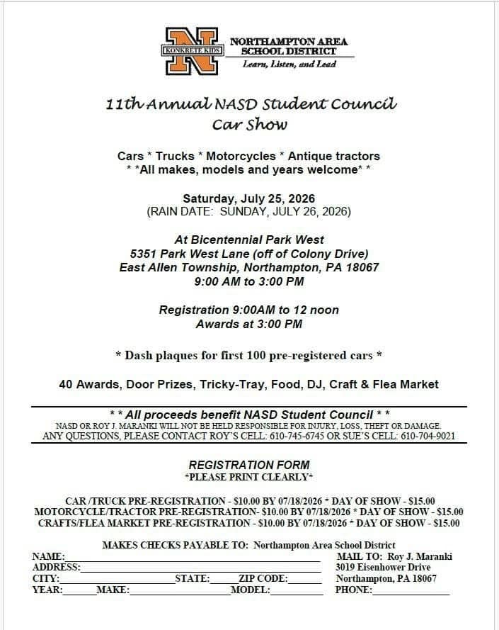 11th Annual NASD Student Council Car Show event at Bicentennial Park West in Northampton, PA on July 25, 2026
