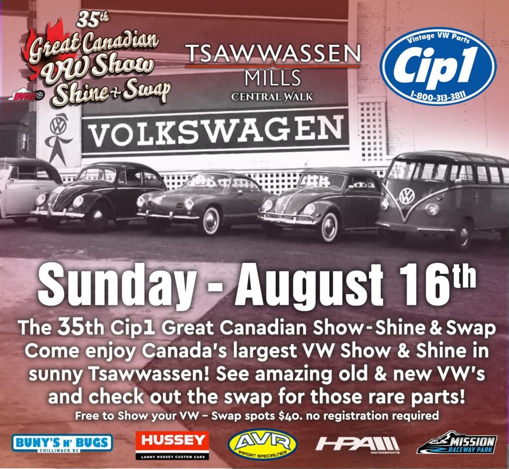 Cip1 Great Canadian VW Show Shine & Swap event at Tsawwassen Mills in Tsawwassen, BC on August 16, 2026