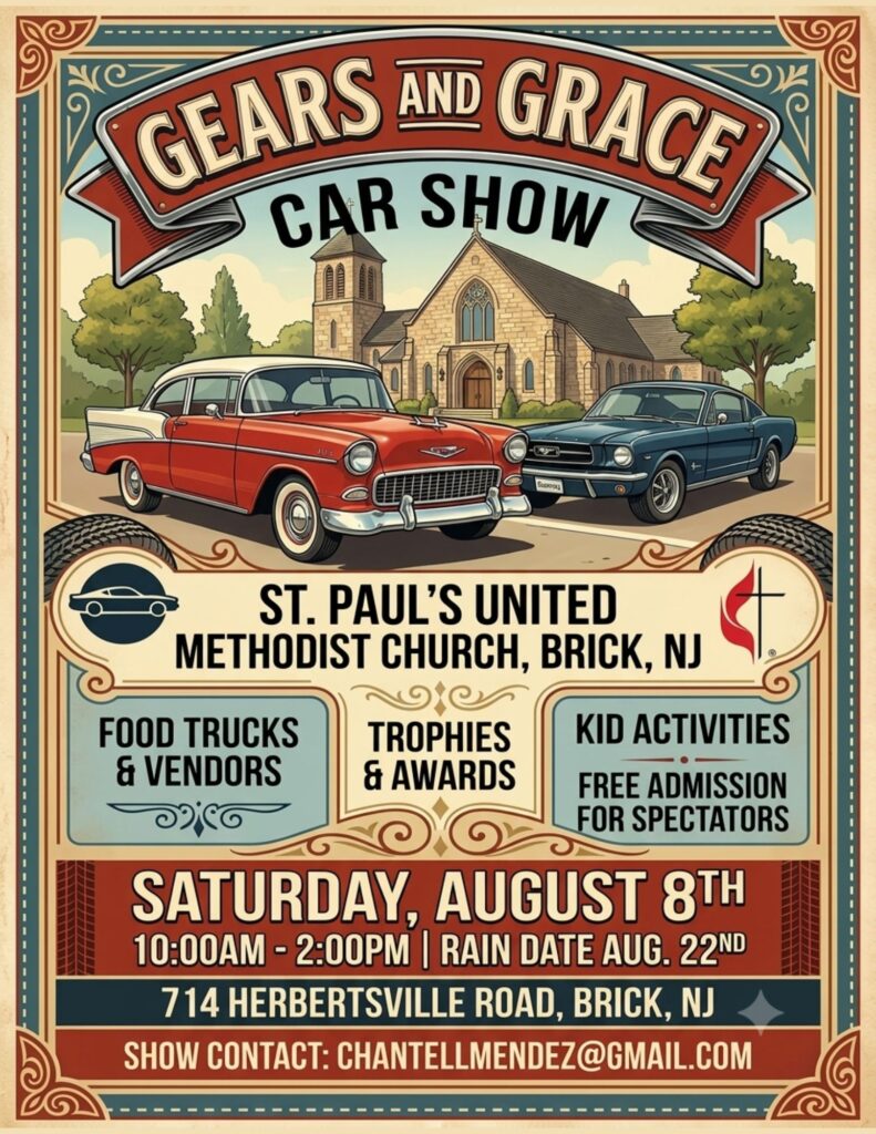 St. Paul's United Methodist Church Grace Gears and Just Socks Car Show event at St. Paul's United Methodist Church in Brick, NJ on August 8, 2026