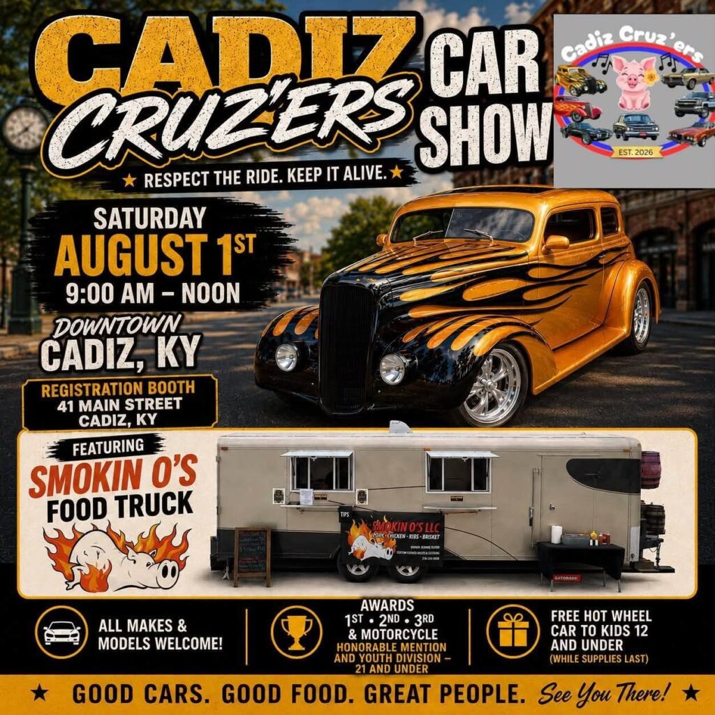 Cadiz Cruz'Ers Car Show event at Downtown Cadiz in Cadiz, KY on August 1, 2026
