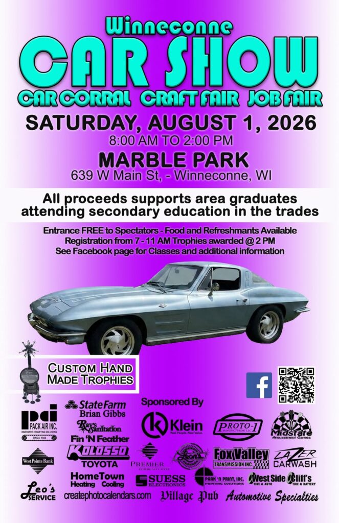 Winneconne Car Show event at Marble Park in Winneconne, WI on August 1, 2026