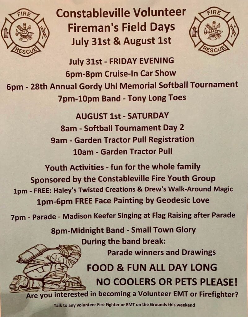 Constableville Volunteer Fireman's Field Days event at Constableville Volunteer Fire Company in Constableville, NY on July 31, 2026