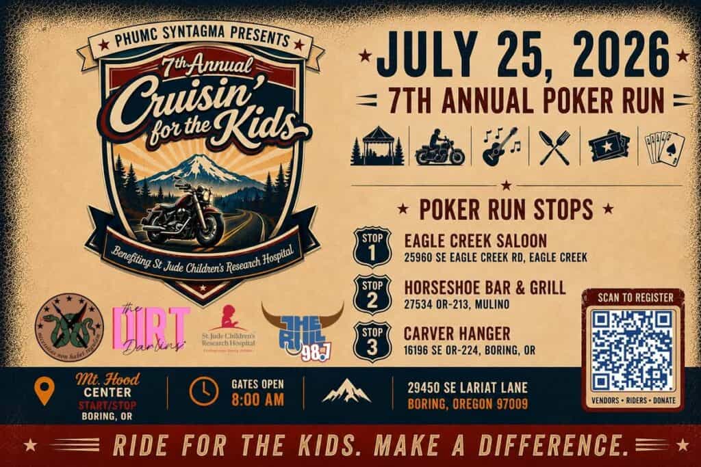 Cruisin' for the Kids Poker Run event at Mt. Hood Center in Boring, OR on July 25, 2026