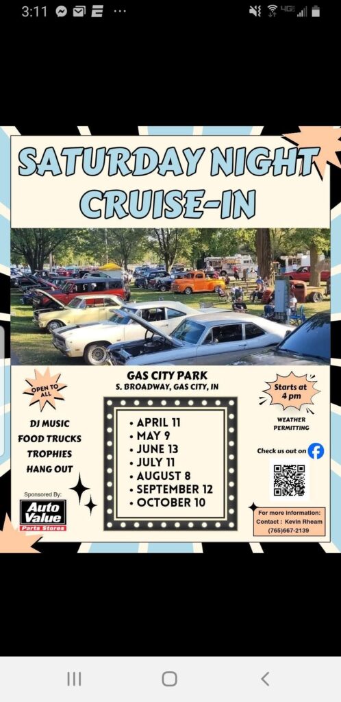 Gas City Park Saturday Night Cruise-In event at Gas City Park in Gas City, IN on July 11, 2026