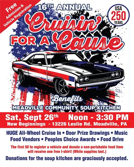16th Annual Cruisin' for a Cause event at New Beginnings in Meadville, PA on September 26, 2026