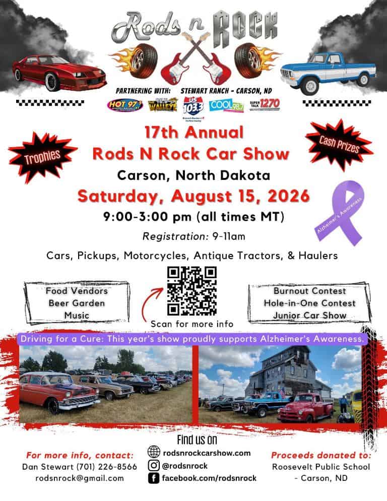 17th Annual Rods N Rock Car Show event at Stewart Ranch in Carson, ND on August 15, 2026
