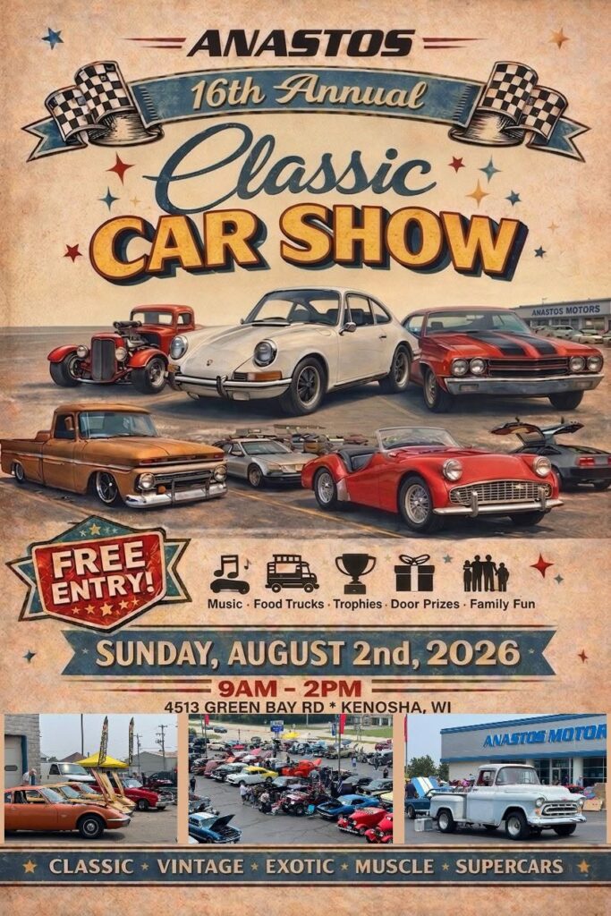 Anastos Motors 16th Annual Classic Car Show event at Anastos Motors in Kenosha, WI on August 2, 2026