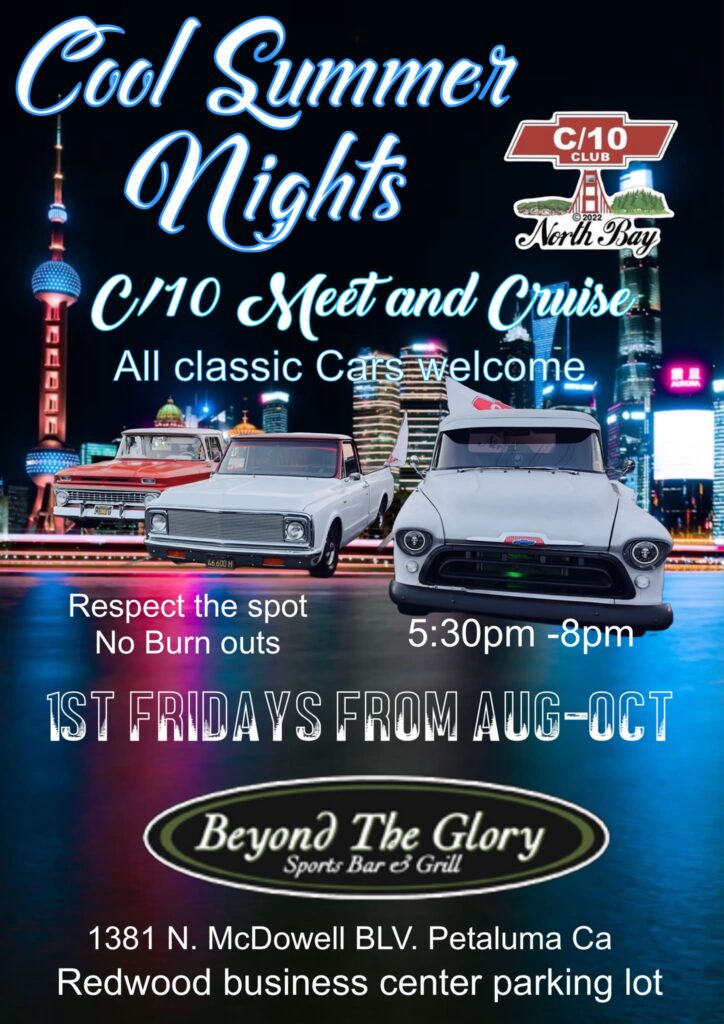 Cool Summer Nights C/10 Meet and Cruise event at Redwood Business Center parking lot in Petaluma, CA on August 7, 2026