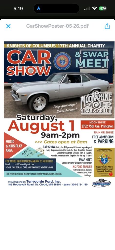 Knights of Columbus 17th Annual Charity Car Show & Swap Meet event at Moonshine Bar & Grill in Princeton, MN on August 1, 2026