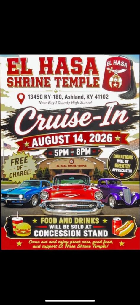 El Hasa Shrine Temple Cruise-In event at El Hasa Shrine Temple in Ashland, KY on August 14, 2026