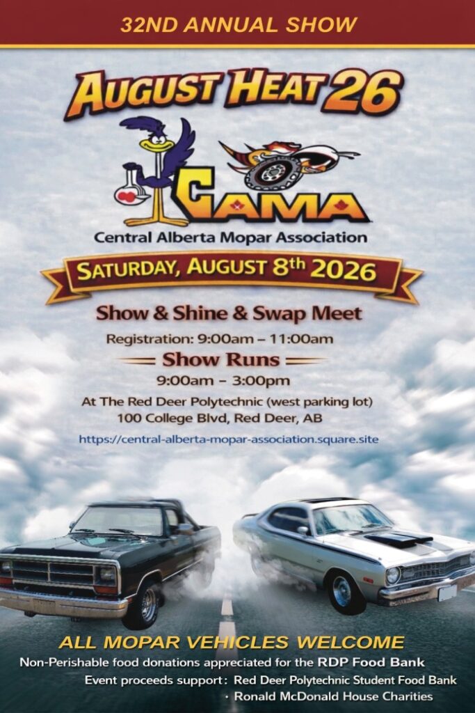 August Heat CAMA Car Show event at Red Deer Polytechnic in Red Deer, AB on August 8, 2026