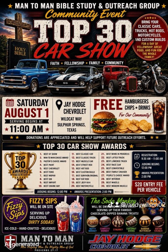 Man to Man Car Show event at Jay Hodge Chevrolet in Sulphur Springs, TX on August 1, 2026