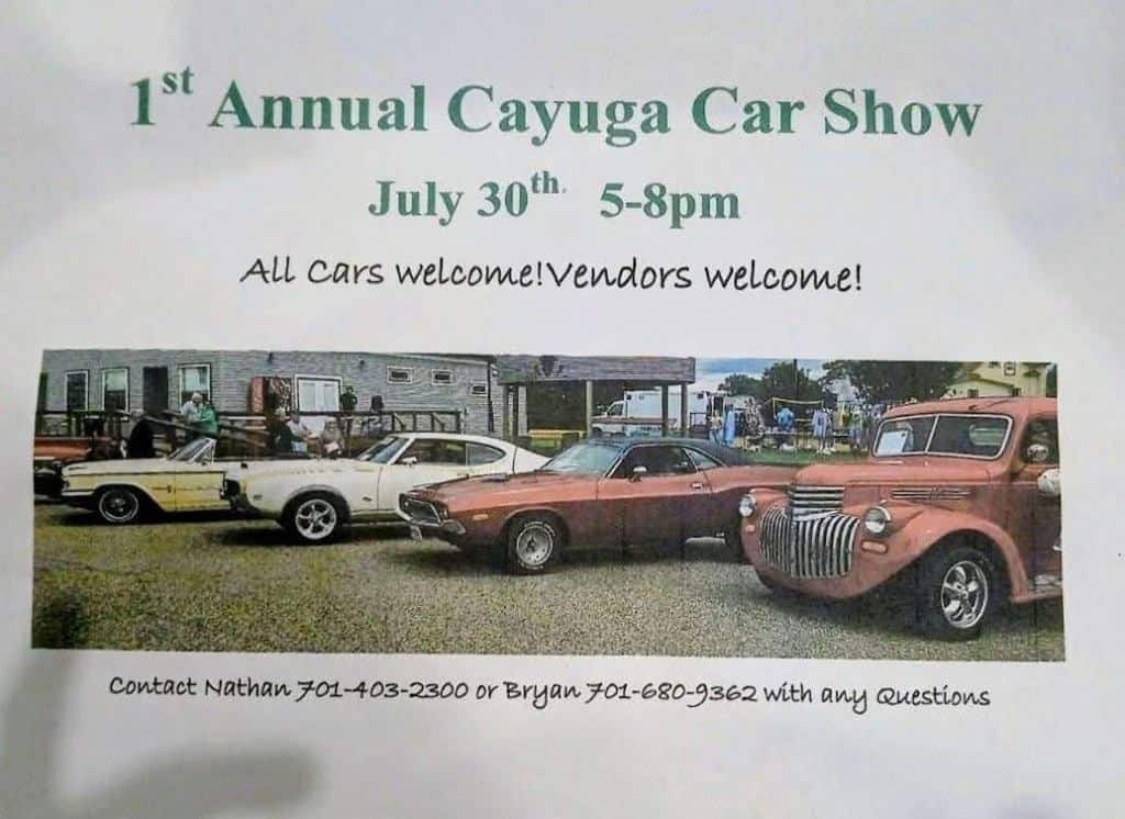 1st Annual Cayuga Car Show event at Main Street in Cayuga, ND on July 30, 2026
