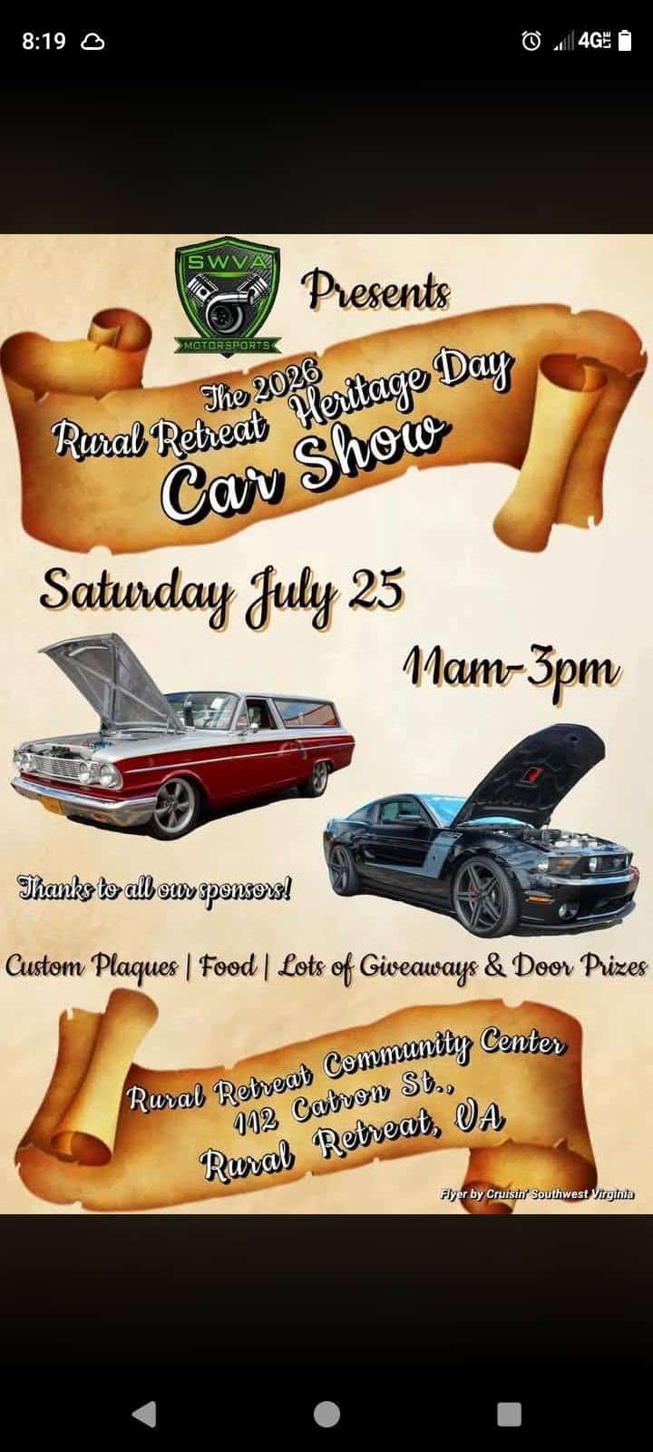 2026 Rural Retreat Heritage Day Car Show event at Rural Retreat Community Center in Rural Retreat, VA on July 25, 2026