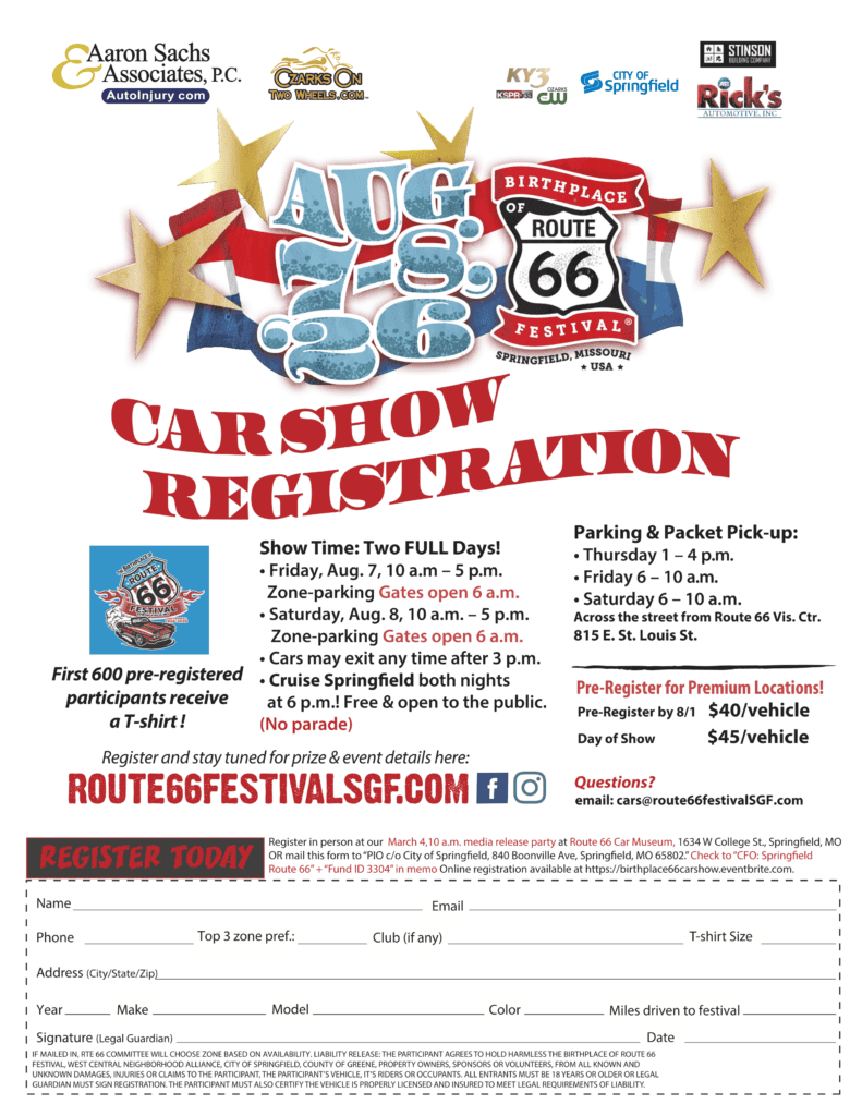Birthplace of Route 66 Festival Car Show event at Downtown Springfield in Springfield, MO on August 7, 2026