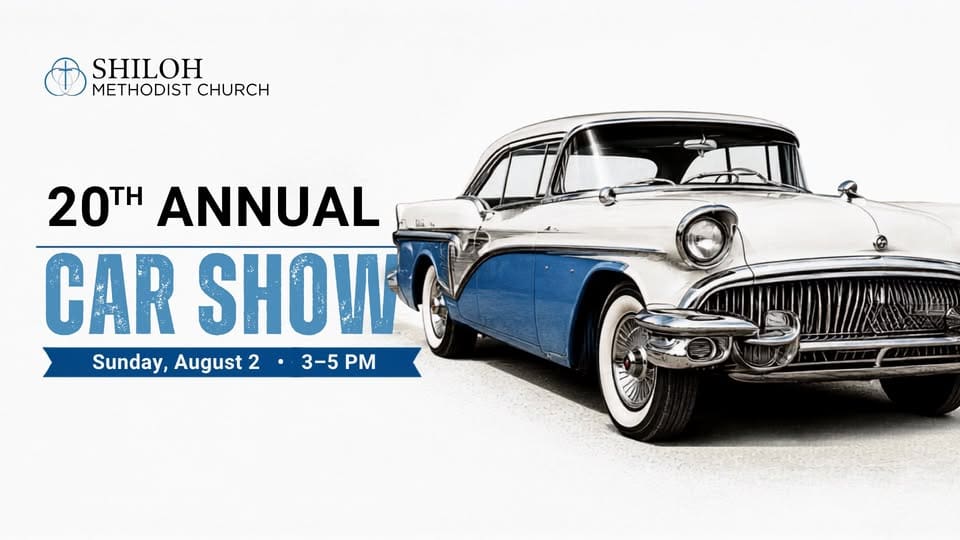 20th Annual Car Show event at Methodist Church in Liberty, NC on August 2, 2026