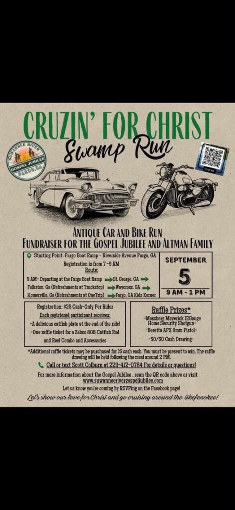 Cruzin' for Christ Swamp Run event at Fargo Boat Ramp in Fargo, GA on September 5, 2026