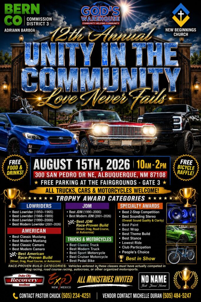 12th Annual Unity in the Community Car Show event at 300 San Pedro Dr NE in Albuquerque, NM on August 15, 2026