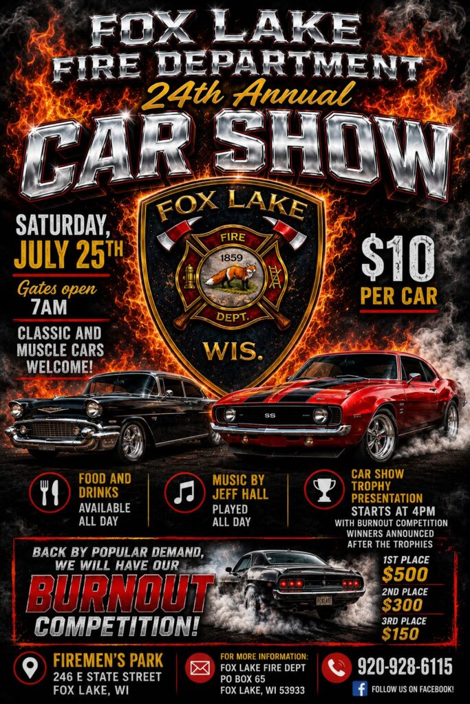 Fox Lake Fire Department 24th Annual Car Show event at Firemen's Park in Fox Lake, WI on July 25, 2026