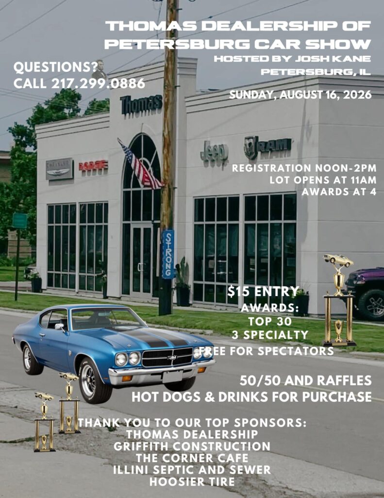 Thomas Dealership of Petersburg Car Show event at Thomas of Petersburg in Petersburg, IL on August 16, 2026
