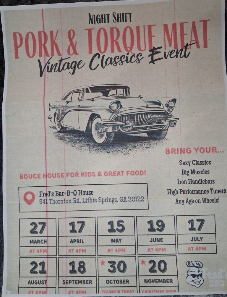 Fred’s Bar-B-Q House Night Shift Pork & Torque Meet car show in Lithia Springs, GA