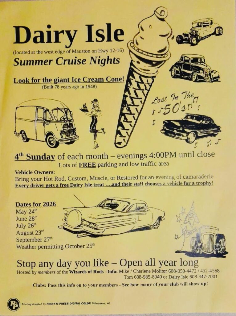Dairy Isle Summer Cruise Nights event at Dairy Isle in Mauston, WI on July 27, 2026
