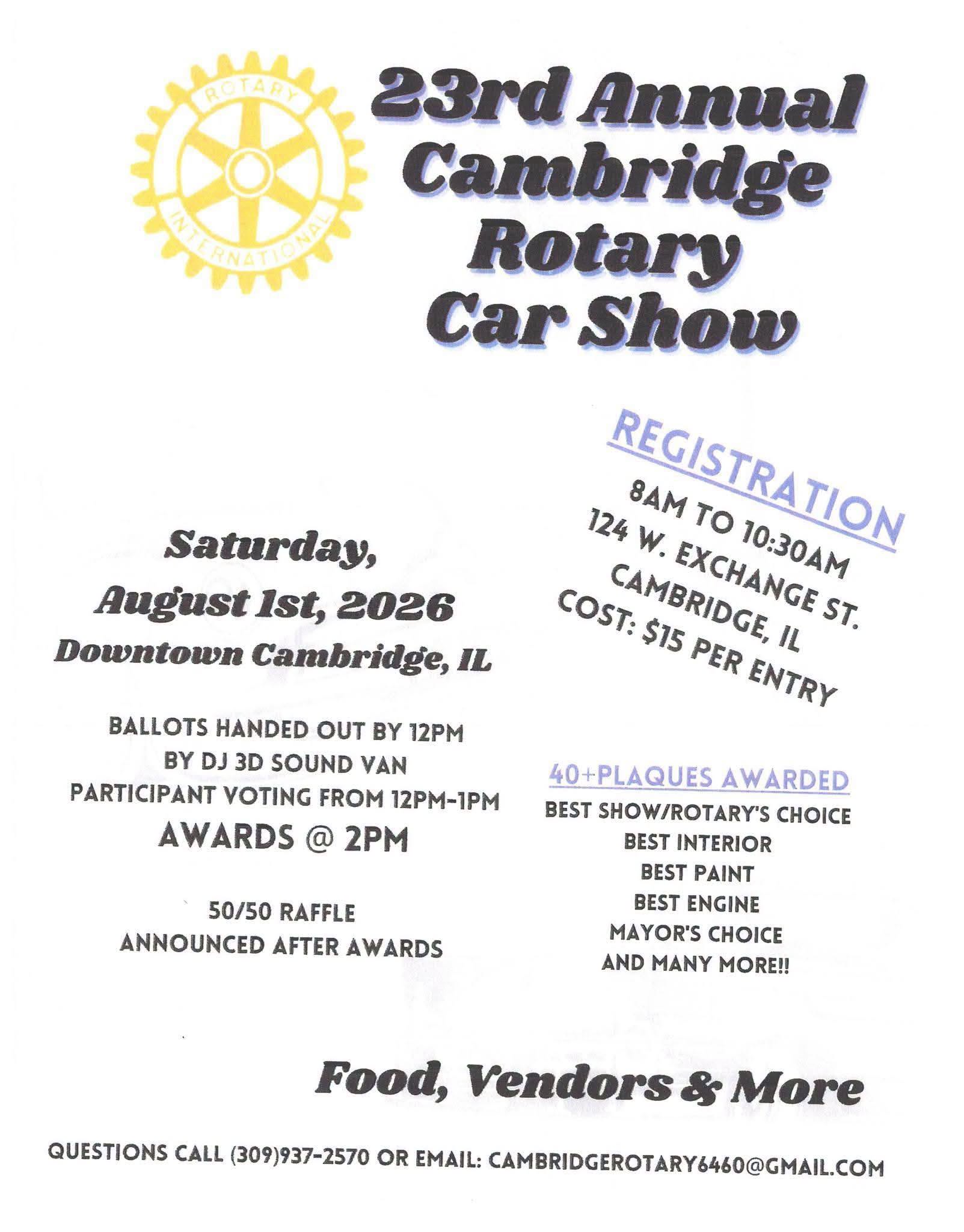 23rd Annual Cambridge Rotary Car Show event at 124 W. Exchange St. in Cambridge, IL on August 1, 2026