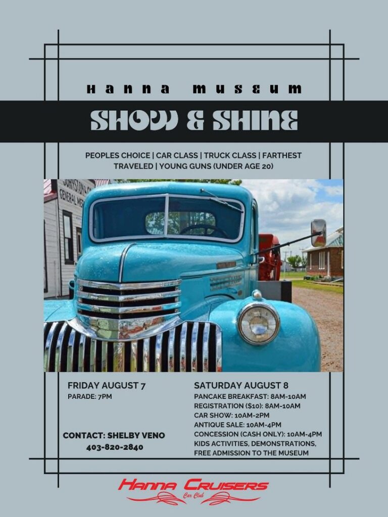 Hanna Cruisers Show & Shine event at Hanna Museum in Hanna, AB on August 8, 2026