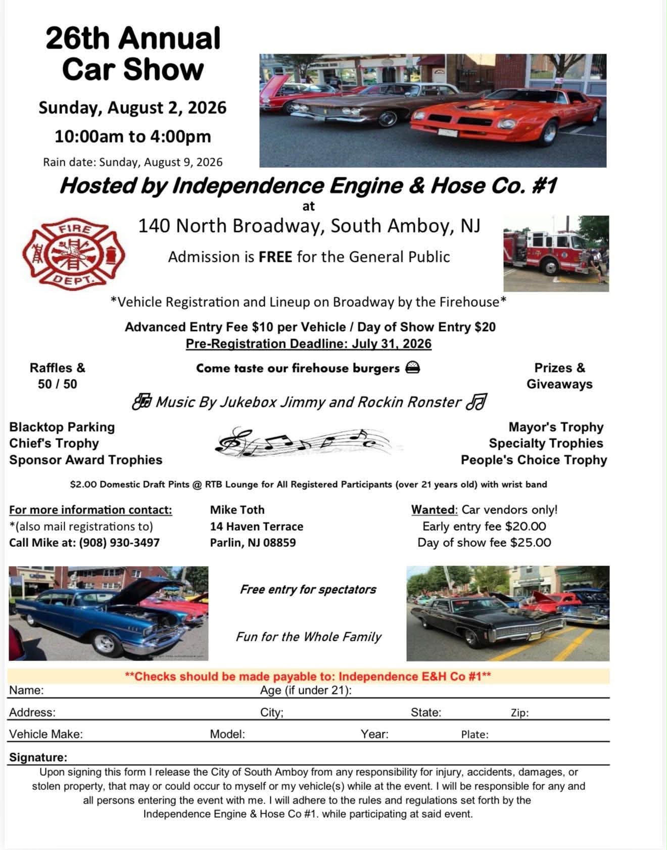 26th Annual Independence Engine & Hose Co. #1 Car Show event at 140 North Broadway in South Amboy, NJ on August 2, 2026