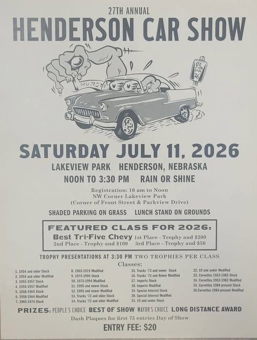 27th Annual Henderson Car Show event at Lakeview Park in Henderson, NE on July 11, 2026
