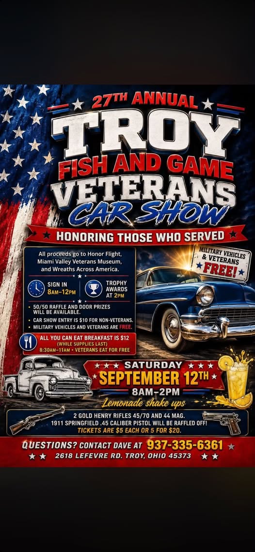 27th Annual Troy Fish and Game Veterans Car Show event at Troy Fish and Game in Troy, OH on September 12, 2026