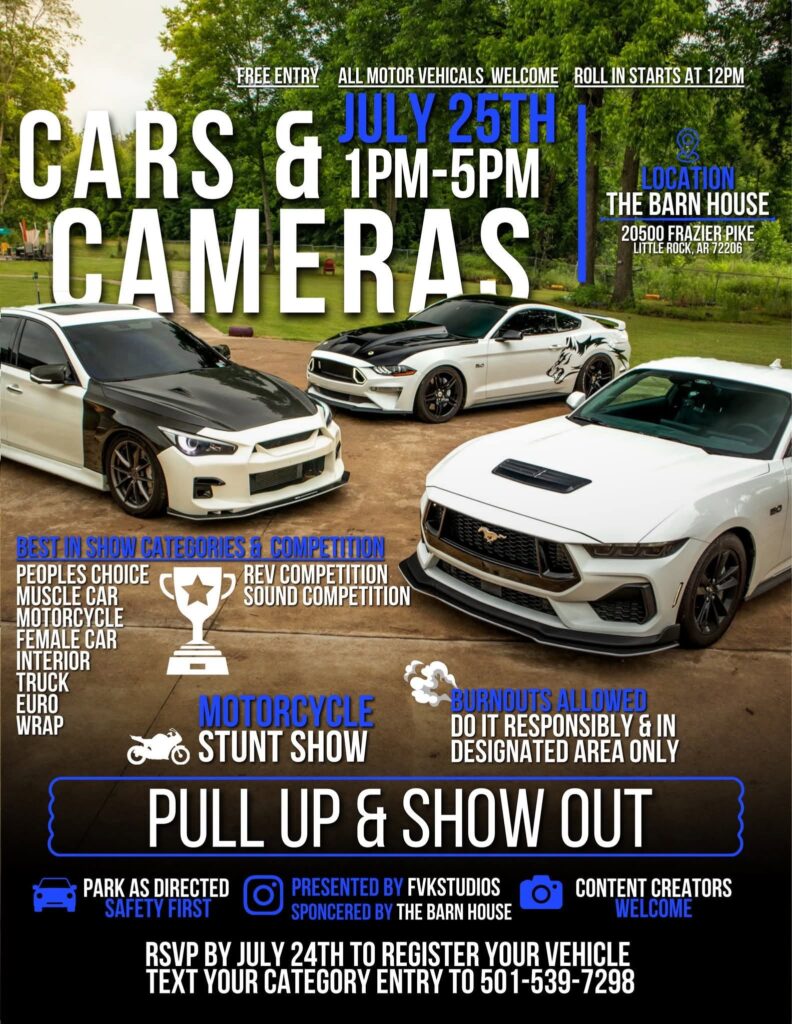 Cars & Cameras event at The Barn House in Little Rock, AR on July 25, 2026