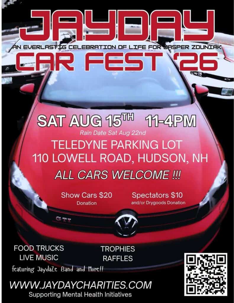 JayDay Car Fest '26 event at Teledyne Parking Lot in Hudson, NH on August 15, 2026