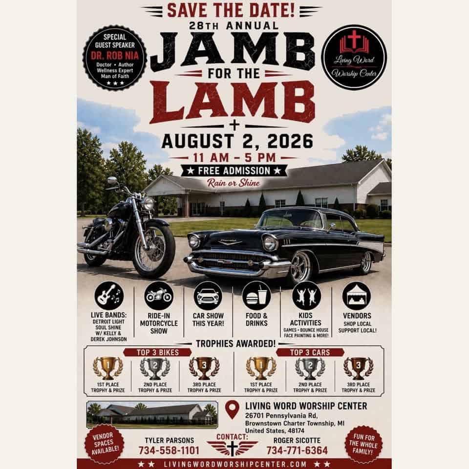 28th Annual Jamb for the Lamb event at Living Word Worship Center in Brownstown, MI on August 2, 2026