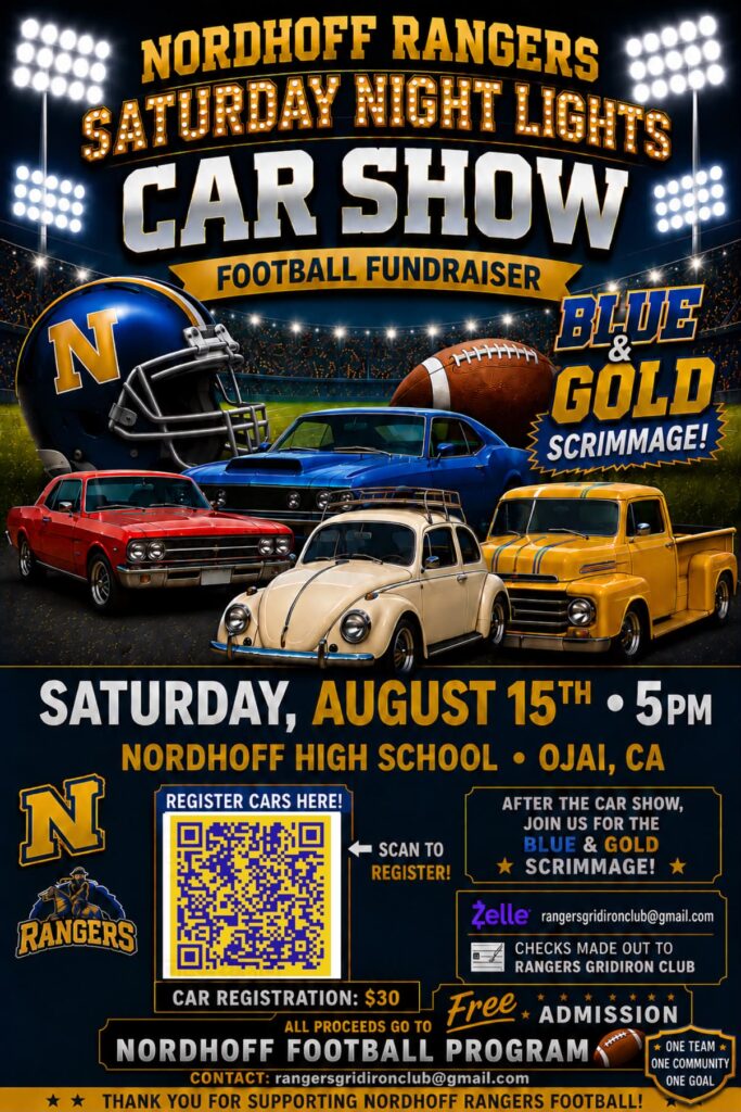 Nordhoff Rangers Saturday Night Lights Car Show event at Nordhoff High School in Ojai, CA on August 15, 2026