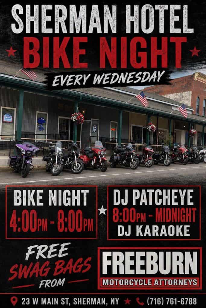 Sherman Hotel Bike Night event at Sherman Hotel in Sherman, NY on August 5, 2026