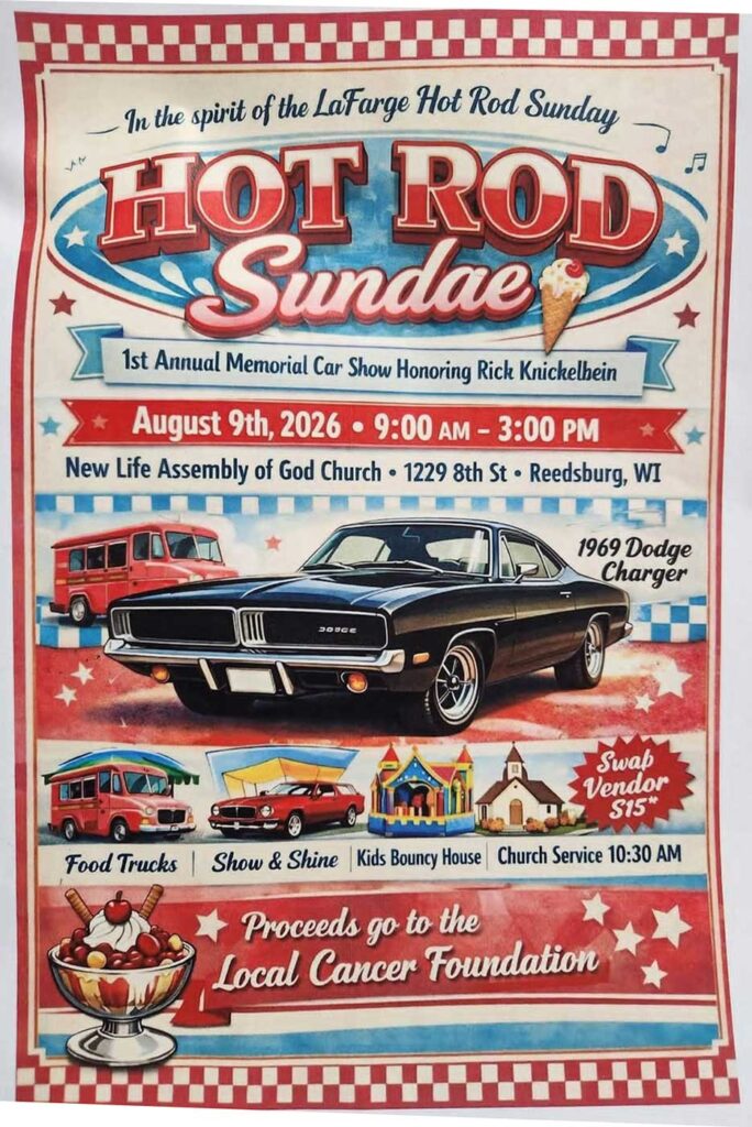 New Life Assembly of God Church Hot Rod Sundae 1st Annual Memorial Car Show Honoring Rick Knickelbein event at New Life Assembly of God Church in Reedsburg, WI on August 9, 2026