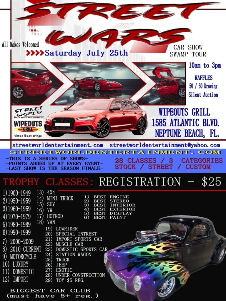 Street World Entertainment Street Wars Car Show event at Wipeouts Grill in Neptune Beach, FL on July 25, 2026