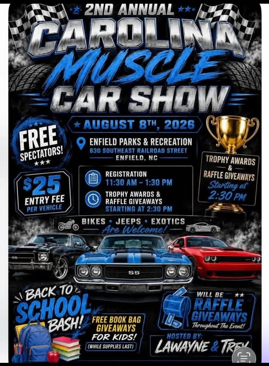 2nd Annual Carolina Muscle Car Show event at Enfield Parks & Recreation in Enfield, NC on August 8, 2026