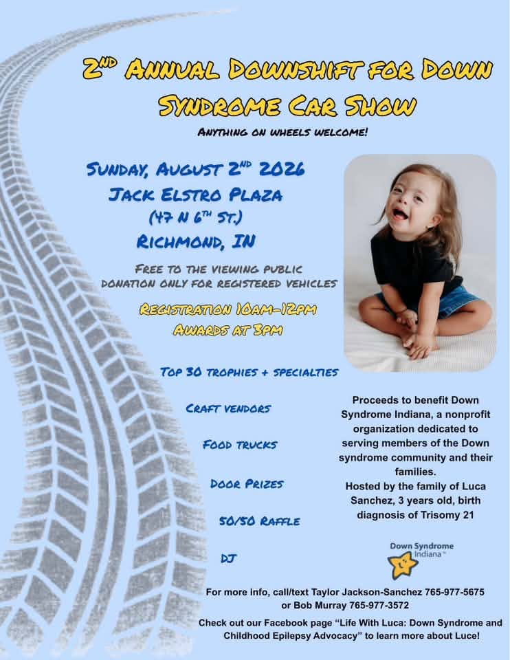 2nd Annual Downshift for Down Syndrome Car Show event at Jack Elstro Plaza in Richmond, IN on August 2, 2026