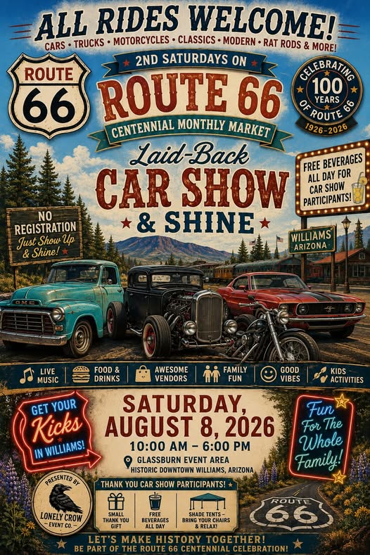 2nd Saturdays on Route 66 Car Show event at Glassburn Event Area in Williams, AZ on August 8, 2026