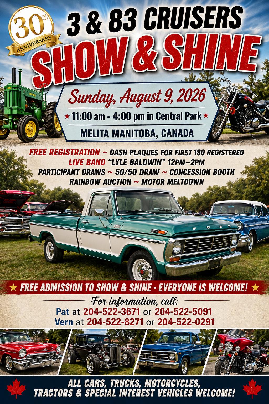 3 & 83 Cruisers Show & Shine event at Central Park in Melita, MB on August 9, 2026