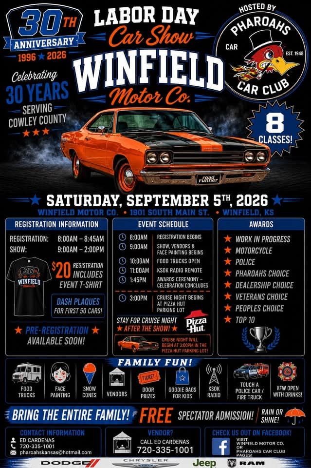 30th Anniversary Labor Day Car Show at Winfield Motor Co. event at Winfield Motor Co. in Winfield, KS on September 5, 2026