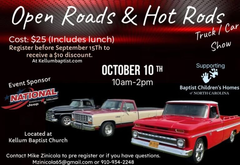 Kellum Baptist Church Open Roads & Hot Rods Truck/Car Show car show in Jacksonville, NC